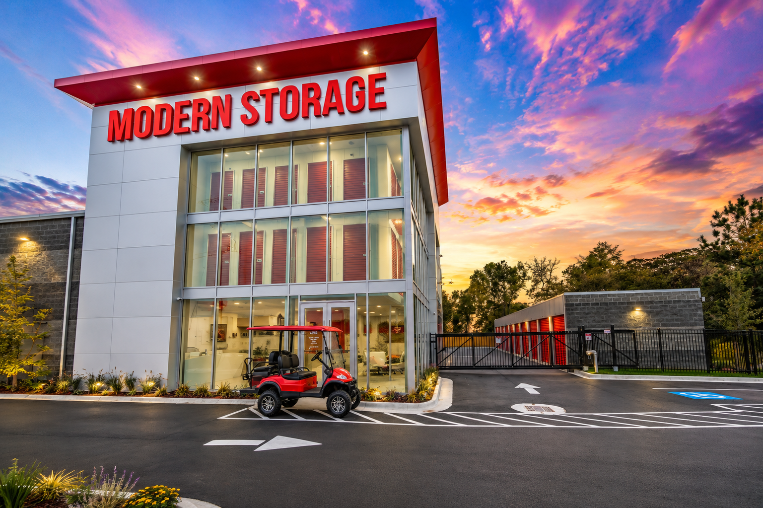 Modern Storage® Bryant Front Tower at Sunset Front tower entrance at Modern Storage® Bryant during sunset with illuminated signage, glass windows, and colorful evening sky.
